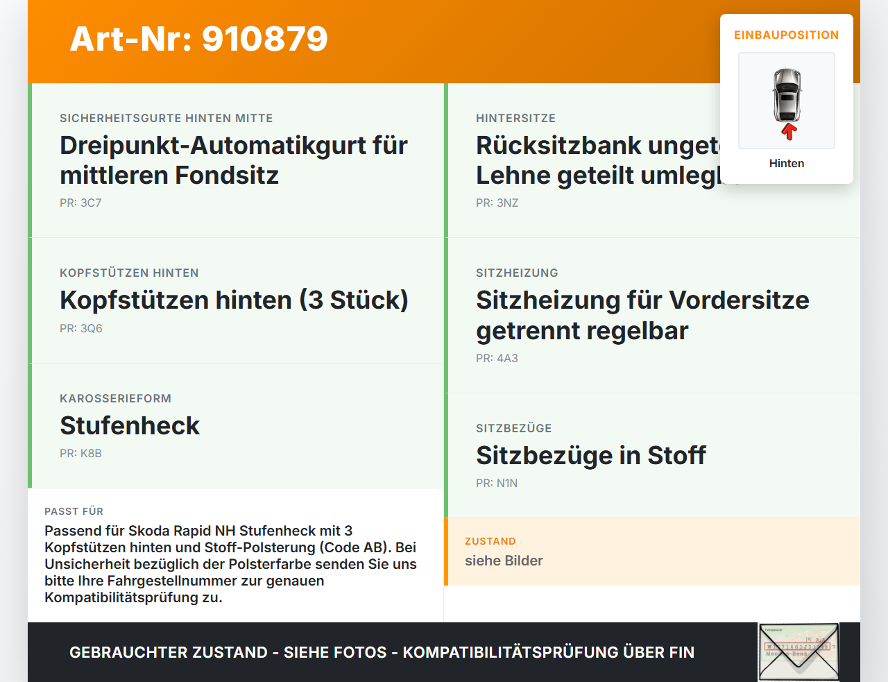 Skoda Rapid NH 12-19 Kopfstütze Mitte Hinten Skoda Rapid NH 12-19 12.01.2017 5JA885902H gebraucht Vorschau 3