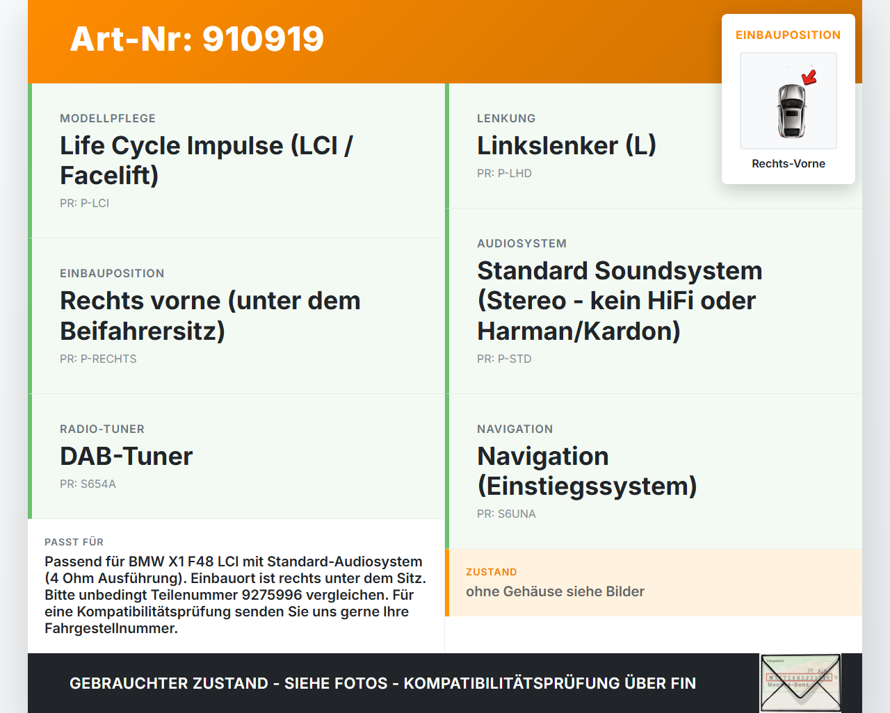BMW X1 F48 x25e LCI 17-22 Lautsprecher Zentralbass Rechts Vorne BMW X1 F48 x25e LCI 17-22 31.01.2020 6513-9275996... Vorschau 3