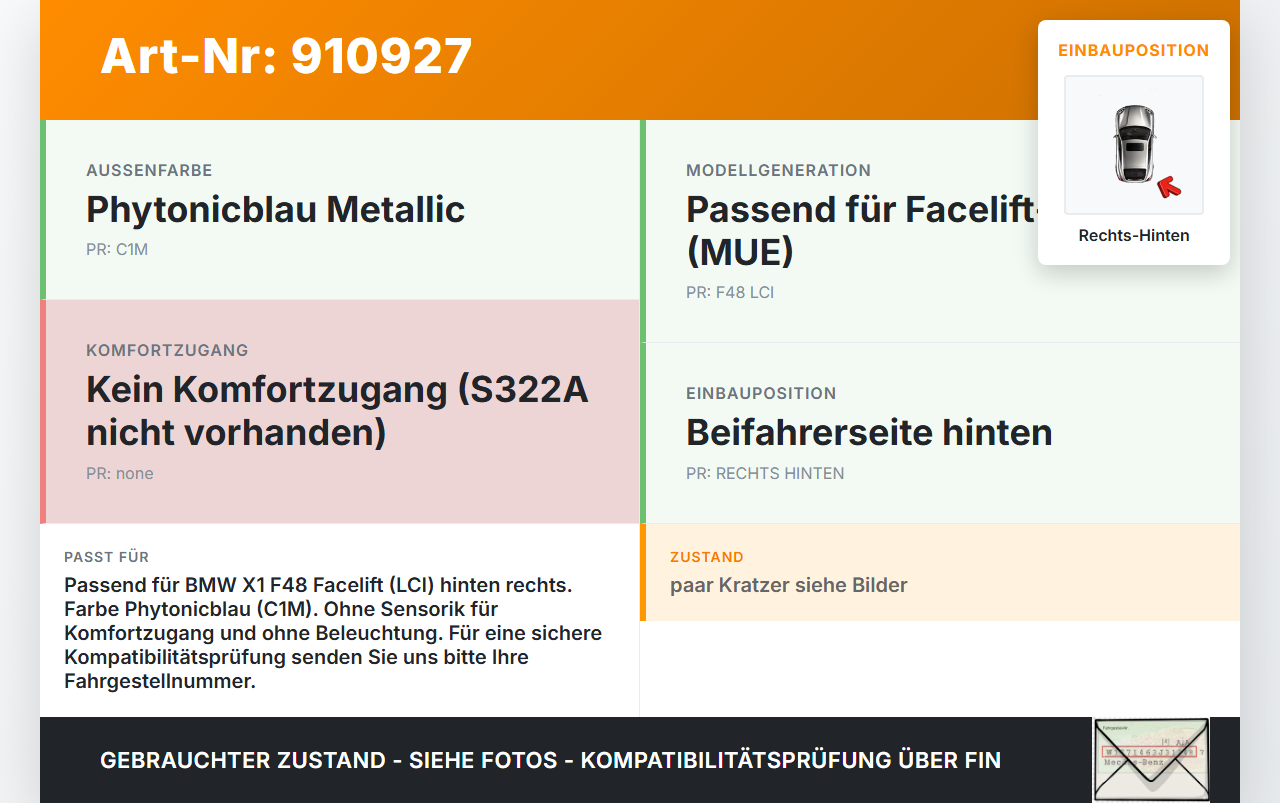 BMW X1 F48 x25e LCI 17-22 Türgriff Griff aussen Rechts Hinten C1M BMW X1 F48 x25e LCI 17-22 31.01.2020 7396306... Vorschau 3