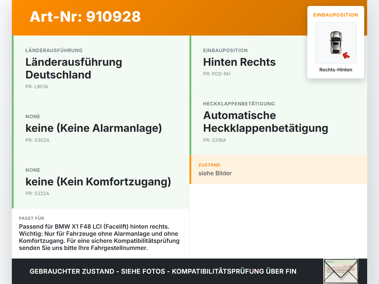 BMW X1 F48 x25e LCI 17-22 Türschloss m. ZV Stellmotor Rechts Hinten BMW X1 F48 x25e LCI 17-22 31.01.2020... Vorschau 3