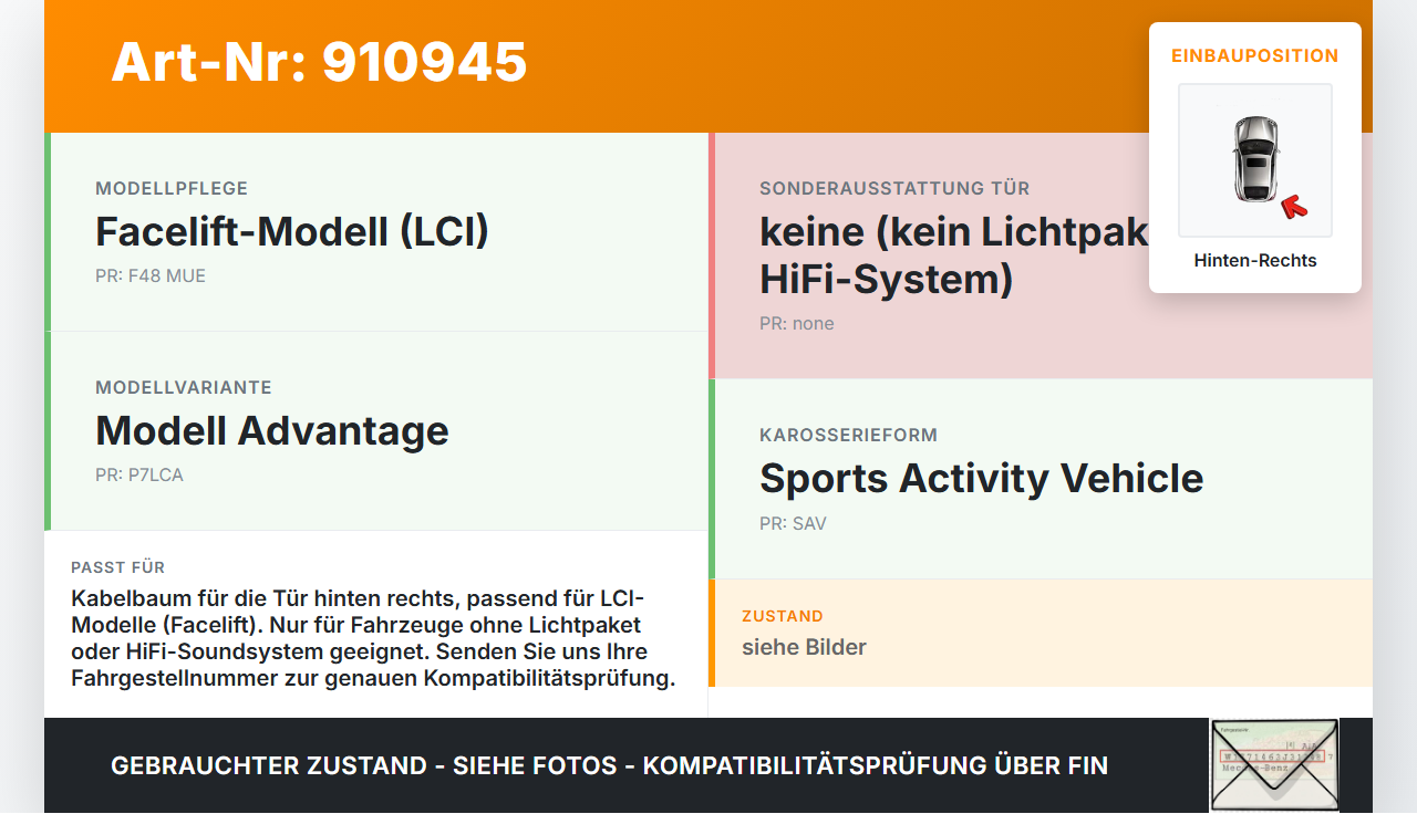 BMW X1 F48 x25e LCI 17-22 Kabelbaum Leitungssatz für Tür und Fensterheber Hinten Rechts BMW X1 F48 x25e LCI 17-22... Vorschau 3