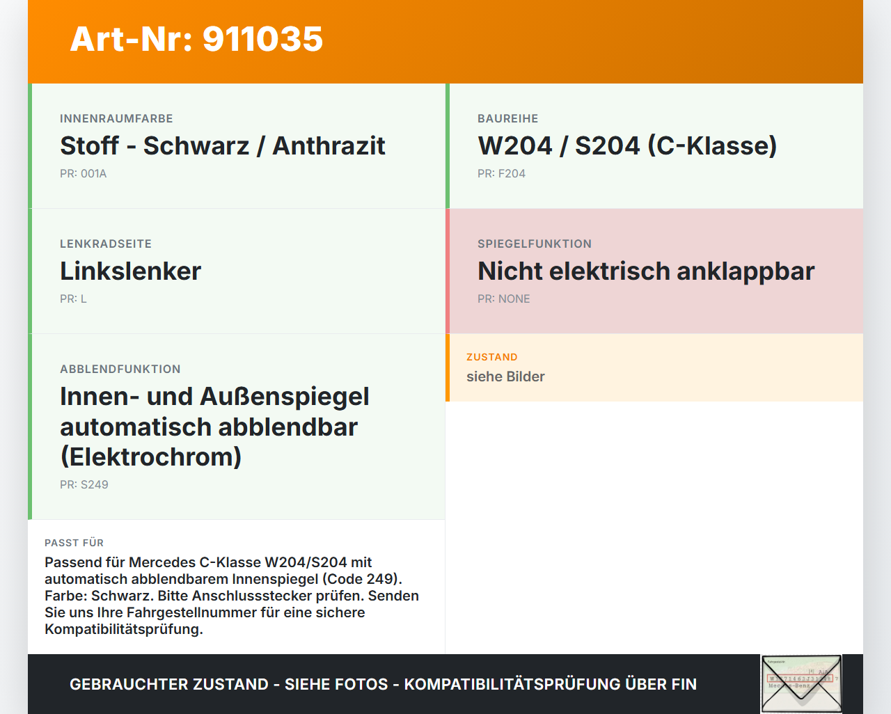 Mercedes S204 W204 C200 08-11 Innenspiegel Rückspiegel Spiegel Innen Elektrochrom Mercedes S204 W204 C200 08-11... Vorschau 3