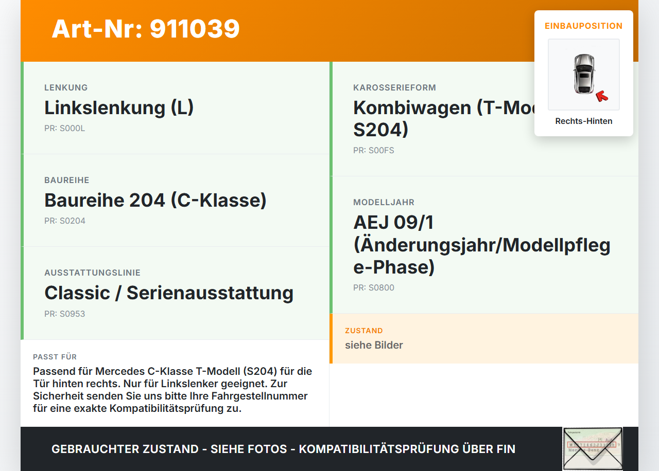 Mercedes S204 W204 C200 08-11 Kombi Türschloss m. ZV Stellmotor Rechts Hinten Mercedes S204 W204 C200 08-11... Vorschau 3