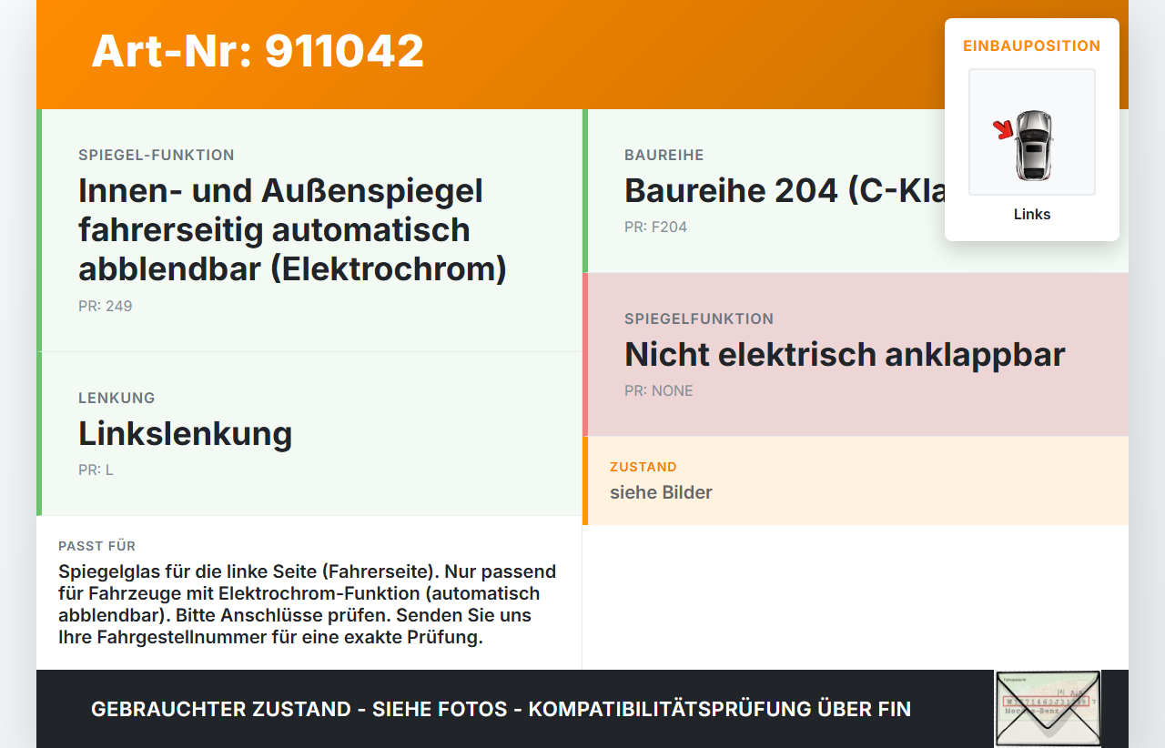 Mercedes S204 W204 C200 08-11 Spiegel Aussenspiegel nur Glas Elektrochrom Links Mercedes S204 W204 C200 08-11... Vorschau 3