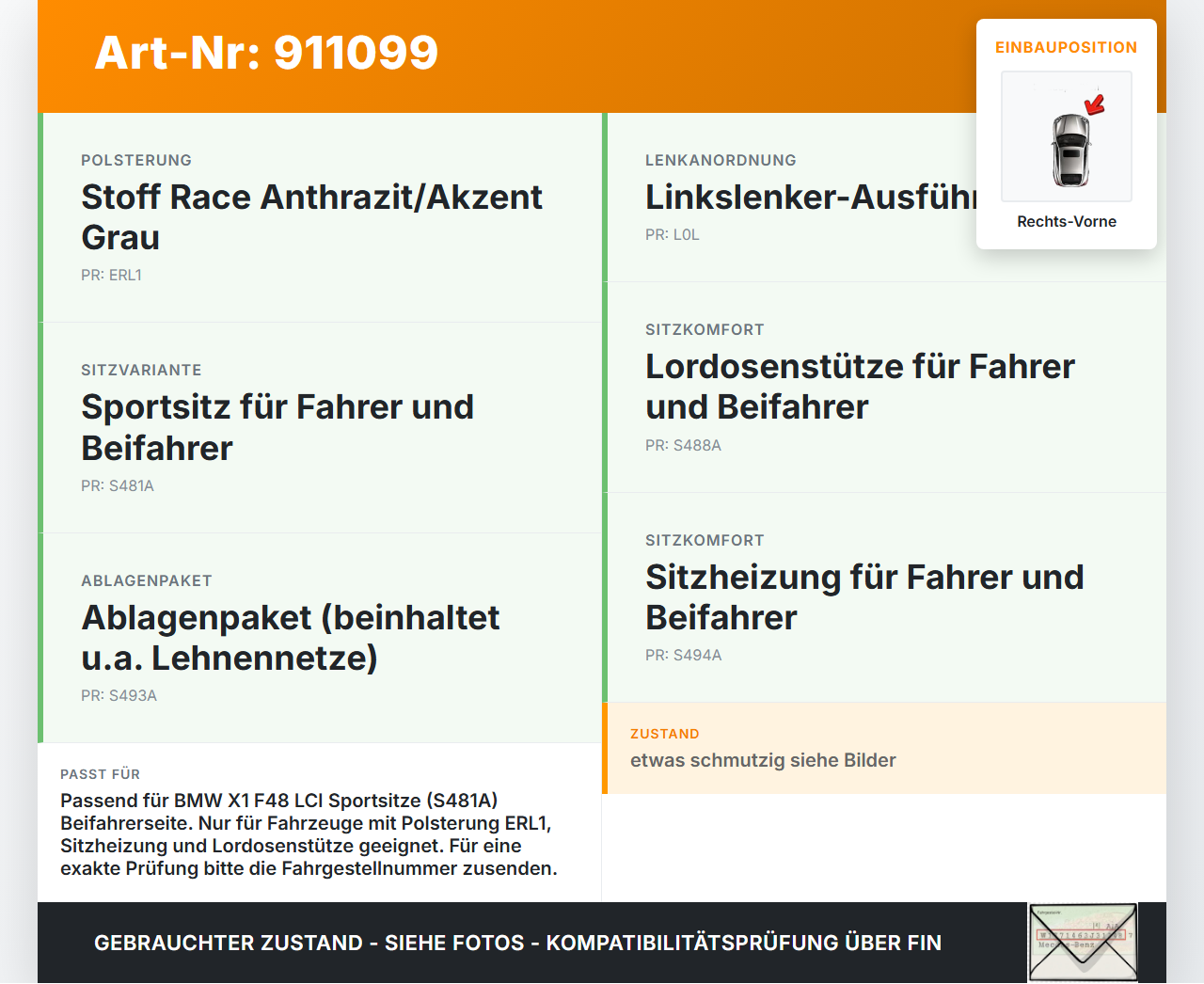 BMW X1 F48 x25e LCI 17-22 Sitzbezug Rückenpolster Rechts Vorne für Beifahrer Sitz ANTHRAZIT u. GRAU BMW X1 F48 x25e... Vorschau 3