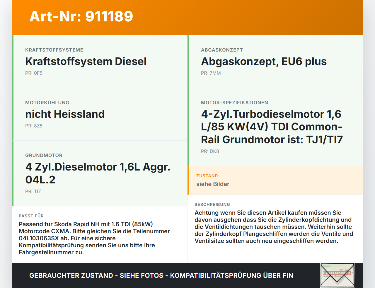 Skoda Rapid NH 12-19 TDI 1,6 85KW CXMA Zylinderkopf Skoda Rapid NH 12-19 12.01.2017 04L103063SX gebraucht Vorschau 3
