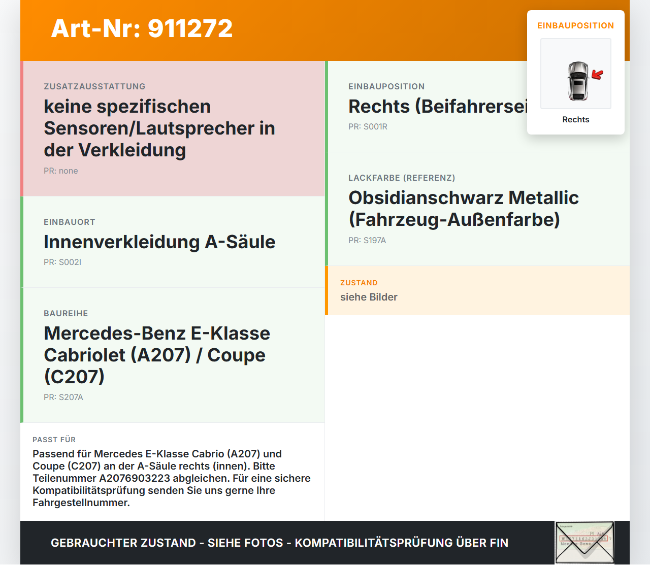 Mercedes A207 C207 E250 11-13 Cabriolet Verkleidung für A-Säule Rechts innen 197 Mercedes A207 C207 E250 11-13... Vorschau 3