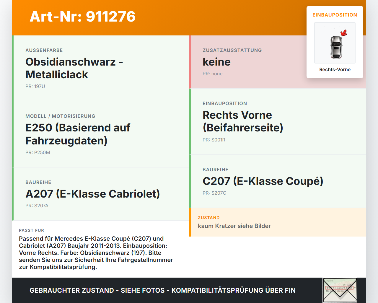 Mercedes A207 C207 E250 11-13 Leiste Zierleiste Wasserabweiser für Rechts Vorne 197 Mercedes A207 C207 E250 11-13... Vorschau 3