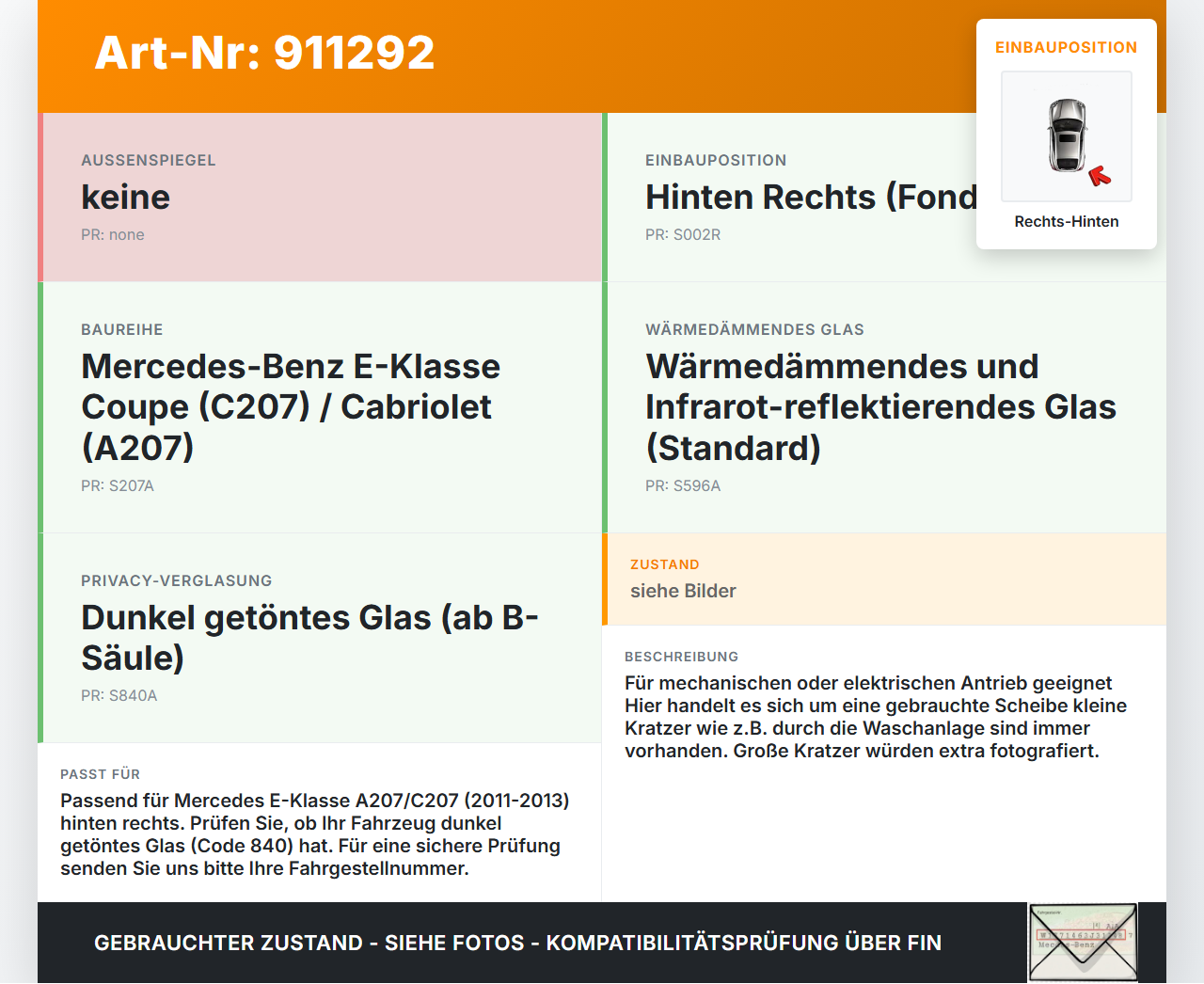 Mercedes A207 C207 E250 11-13 Cabriolet Seitenscheibe RHK Türscheibe Rechts Hinten Mercedes A207 C207 E250 11-13... Vorschau 3