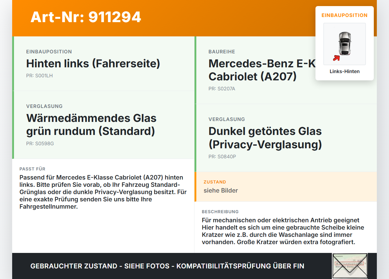 Mercedes A207 C207 E250 11-13 Cabriolet Seitenscheibe LHK für Tür Fenster Scheibe Links Hinten Mercedes A207 C207... Vorschau 3