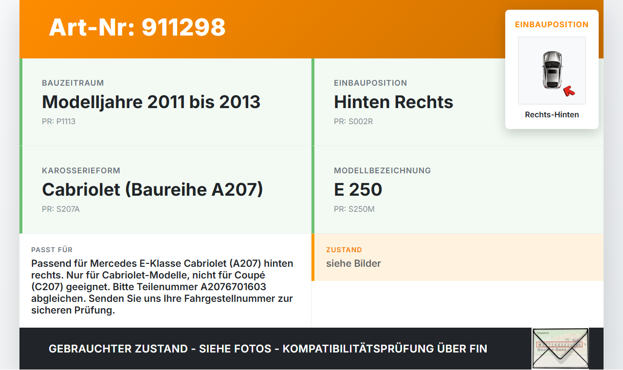 Mercedes A207 C207 E250 11-13 Cabriolet Fensterhebermotor mit Fensterheber Rechts Hinten Mercedes A207 C207 E250... Vorschau 3