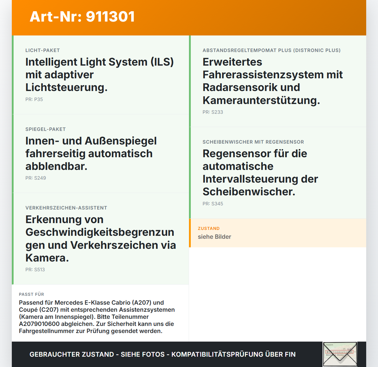 Mercedes A207 C207 E250 11-13 Regensensor Mercedes A207 C207 E250 11-13 12.09.2011 A2079010600 gebraucht Vorschau 3