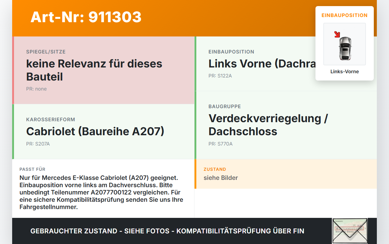 Mercedes A207 C207 E250 11-13 Cabriolet Schloss f. Dachschloss Verriegelung Links Vorne Mercedes A207 C207 E250... Vorschau 3