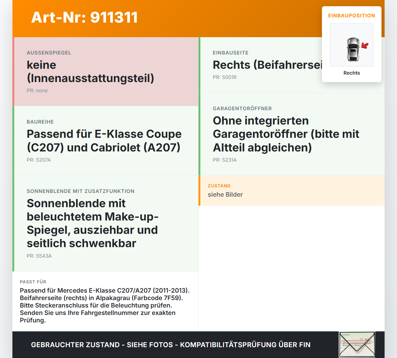 Mercedes A207 C207 E250 11-13 Sonnenblende Rechts für Beifahrer Mercedes A207 C207 E250 11-13 12.09.2011... Vorschau 3