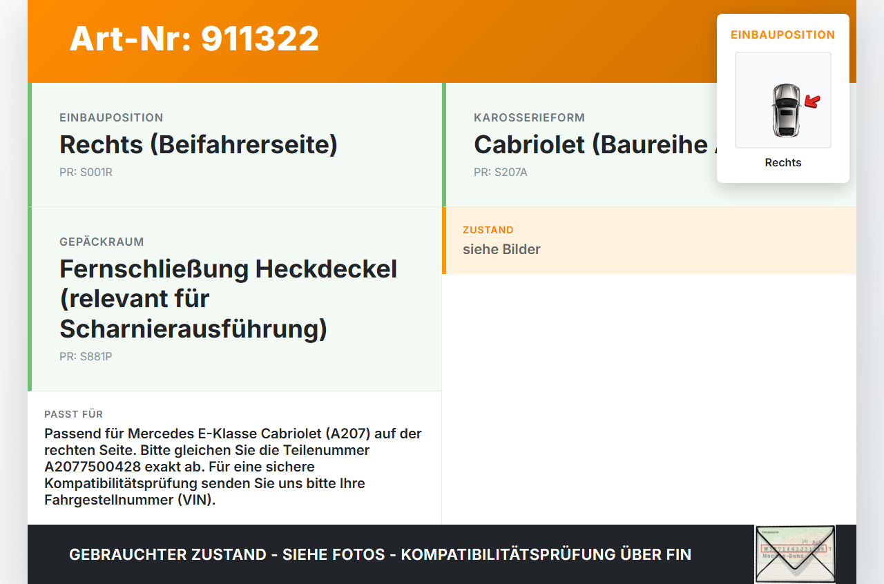 Mercedes A207 C207 E250 11-13 Cabriolet Scharniere Scharnier für Heckklappe Rechts Mercedes A207 C207 E250 11-13... Vorschau 3