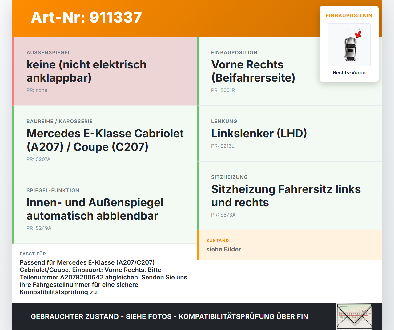 Mercedes A207 C207 E250 11-13 Cabriolet Fensterhebermotor Rechts Vorne Mercedes A207 C207 E250 11-13 12.09.2011... Vorschau 3