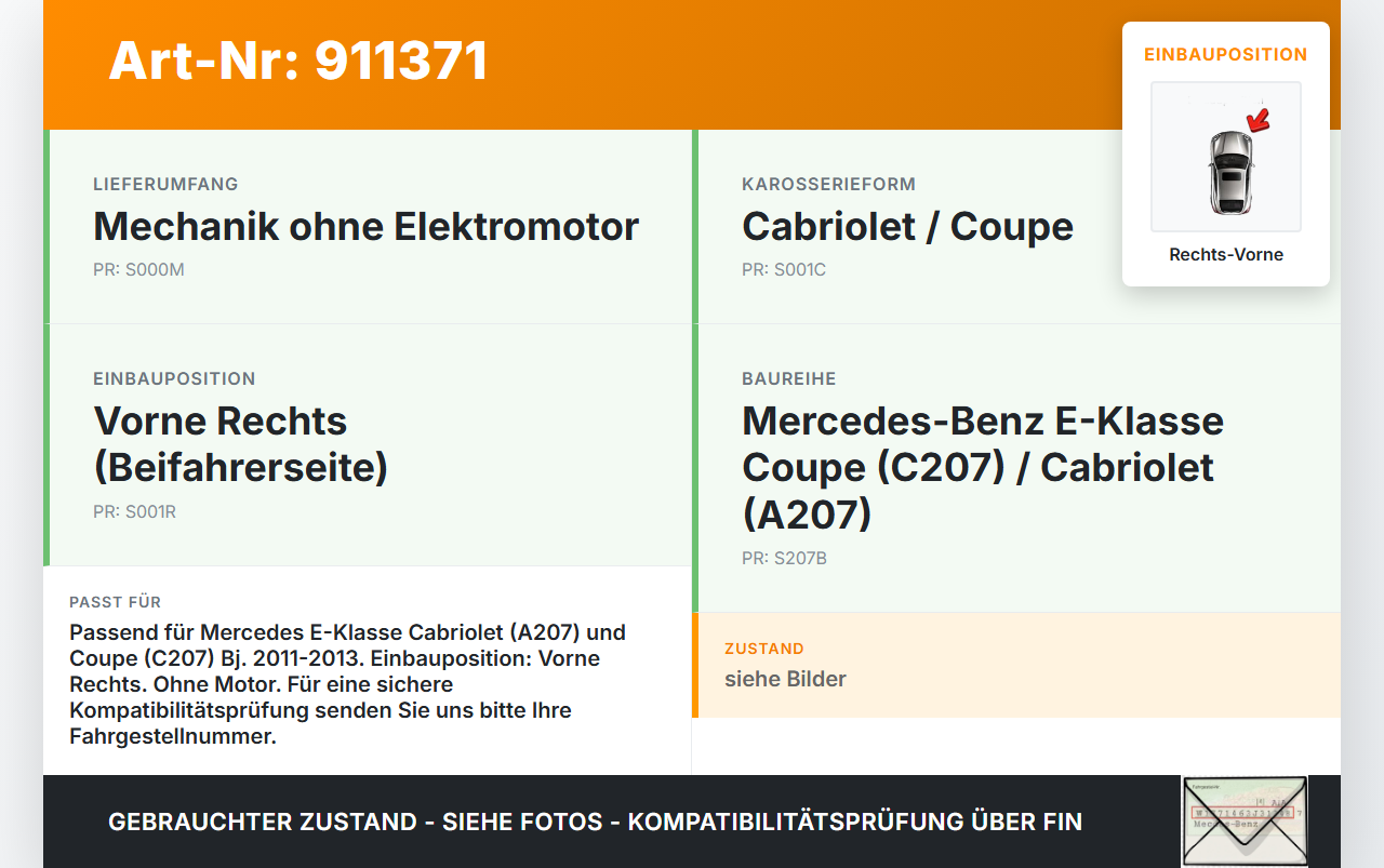 Mercedes A207 C207 E250 11-13 Cabriolet Fensterheber o. FH-Motor Rechts Vorne Mercedes A207 C207 E250 11-13... Vorschau 3