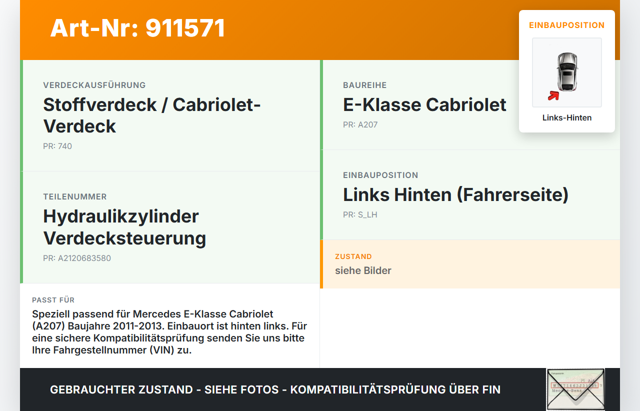Mercedes A207 C207 E250 11-13 Cabriolet Zylinder Hydraulikzylinder Hydraulik für Verdeck Links Hinten Mercedes A207... Vorschau 3