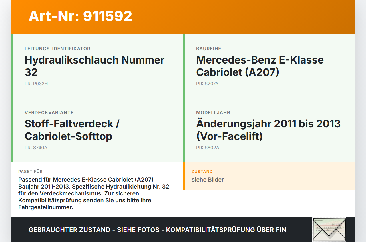 Mercedes A207 C207 E250 11-13 Cabriolet Hydraulik Schlauch Leitung 32 für Verdeck Mercedes A207 C207 E250 11-13... Vorschau 3