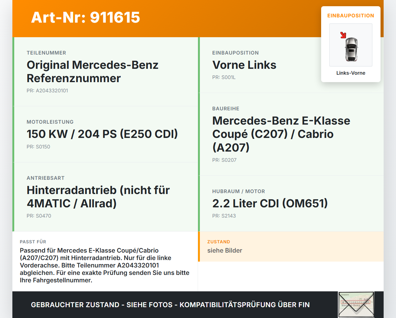 Mercedes A207 C207 E250 11-13 CDI 2,2 150KW Achsschenkel Radnabe Links Vorne Mercedes A207 C207 E250 11-13... Vorschau 3