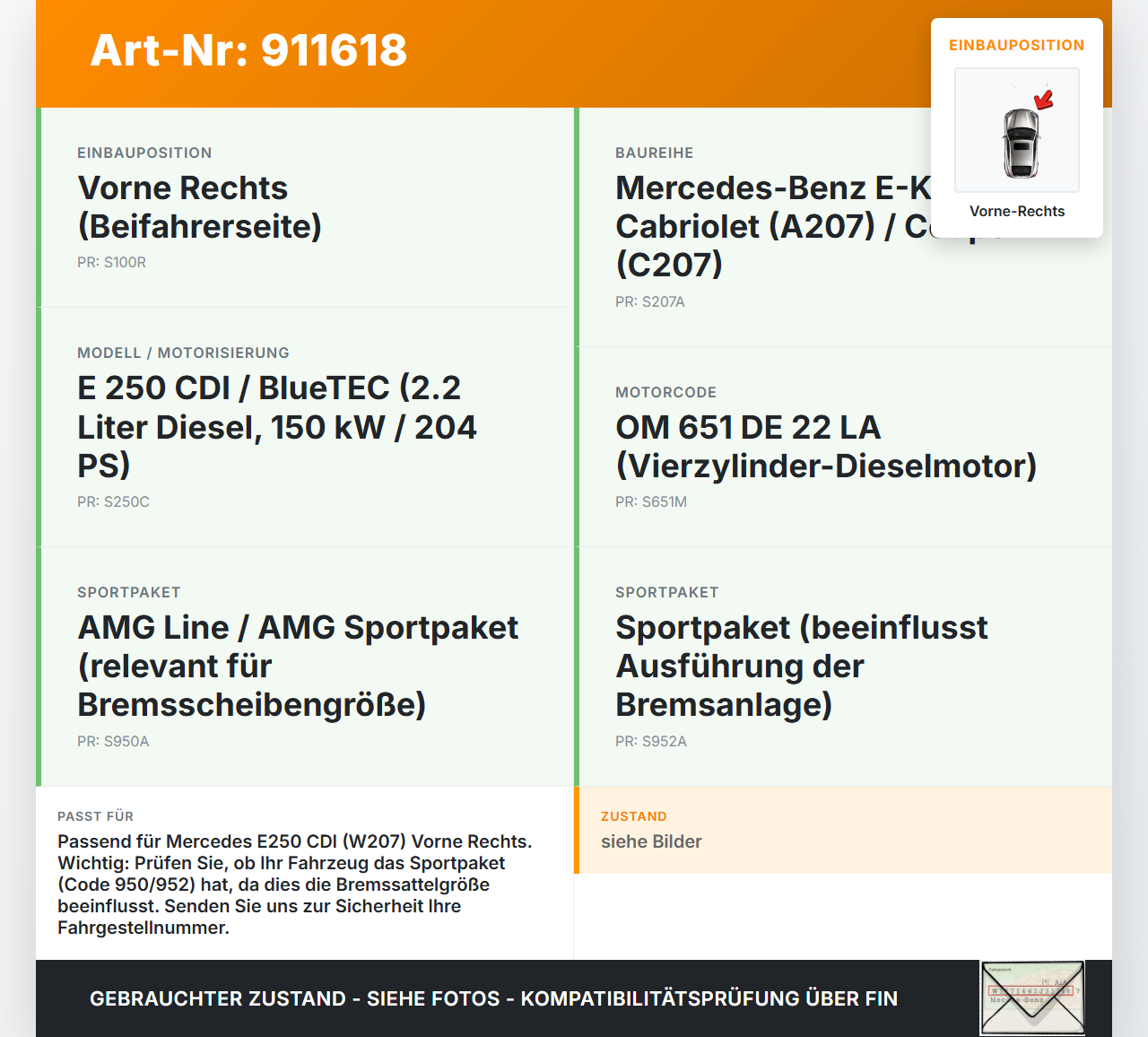 Mercedes A207 C207 E250 11-13 CDI 2,2 150KW Bremssattel Bremszange Vorne Rechts Mercedes A207 C207 E250 11-13... Vorschau 3