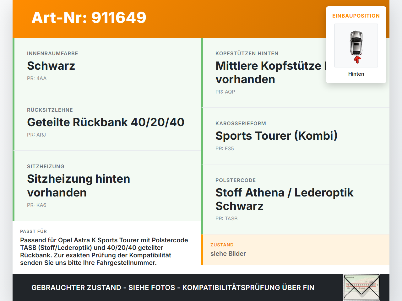 Opel Astra K 15-19 Kopfstütze Mitte Hinten Opel Astra K 15-19 25.10.2018 gebraucht Vorschau 3