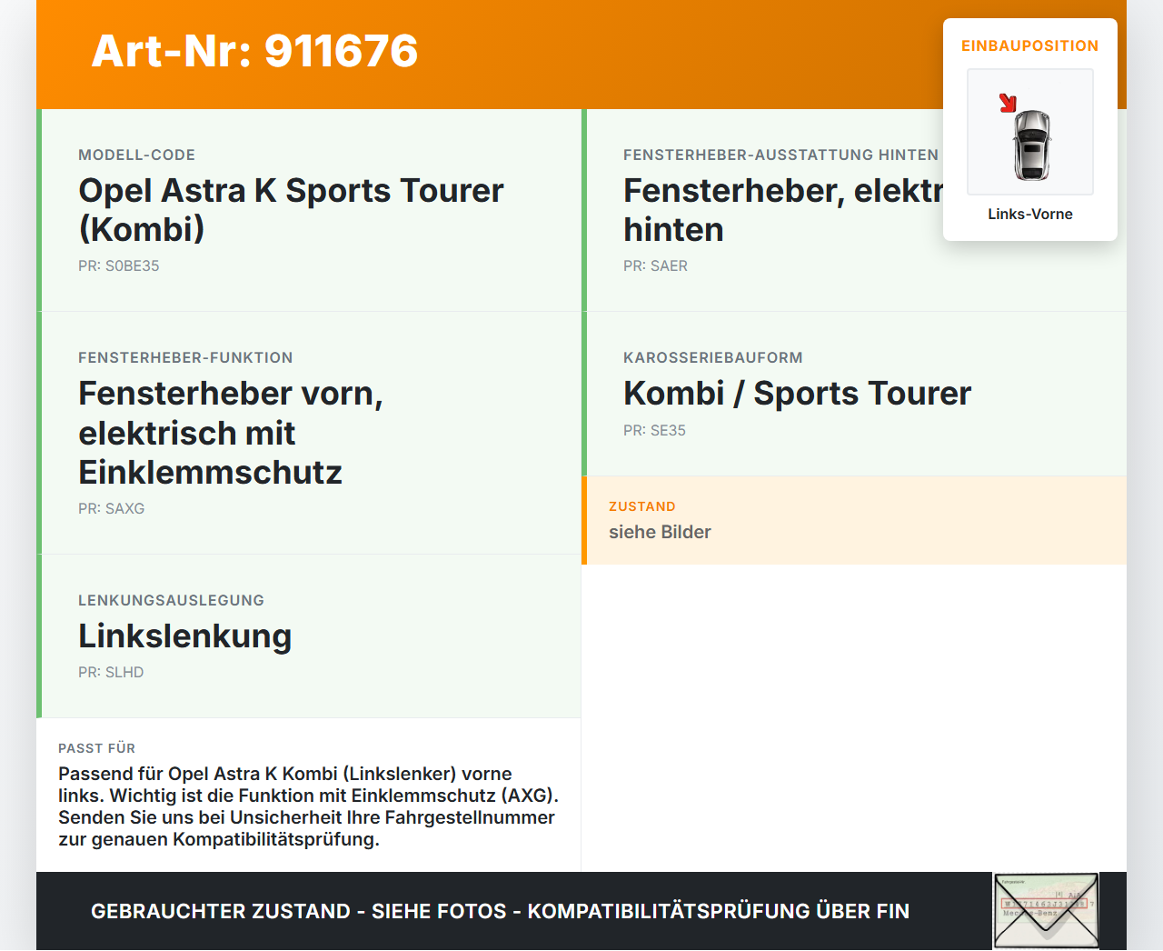 Opel Astra K 15-19 Kombi Fensterhebermotor mit Fensterheber Links Vorne Opel Astra K 15-19 25.10.2018 gebraucht Vorschau 3