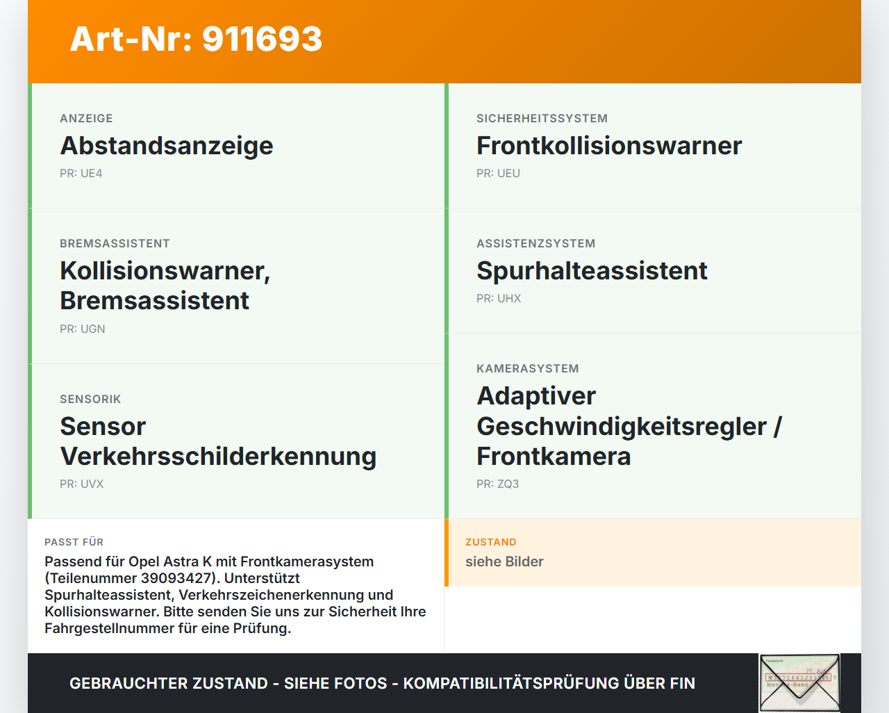Opel Astra K 15-19 CDTi 1,6 100KW Kamera Frontkamera Sensor Spurassistent Opel Astra K 15-19 25.10.2018 39093427... Vorschau 3