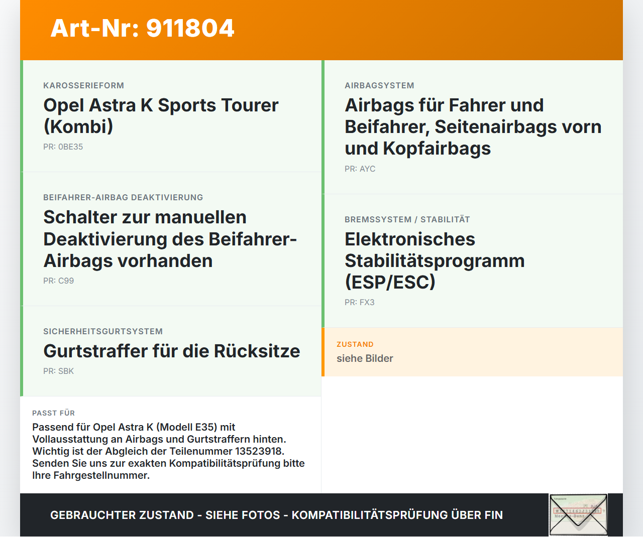 Opel Astra K 15-19 Airbag Steuergerät Airbagsteuergerät Opel Astra K 15-19 25.10.2018 13523918 gebraucht Vorschau 3