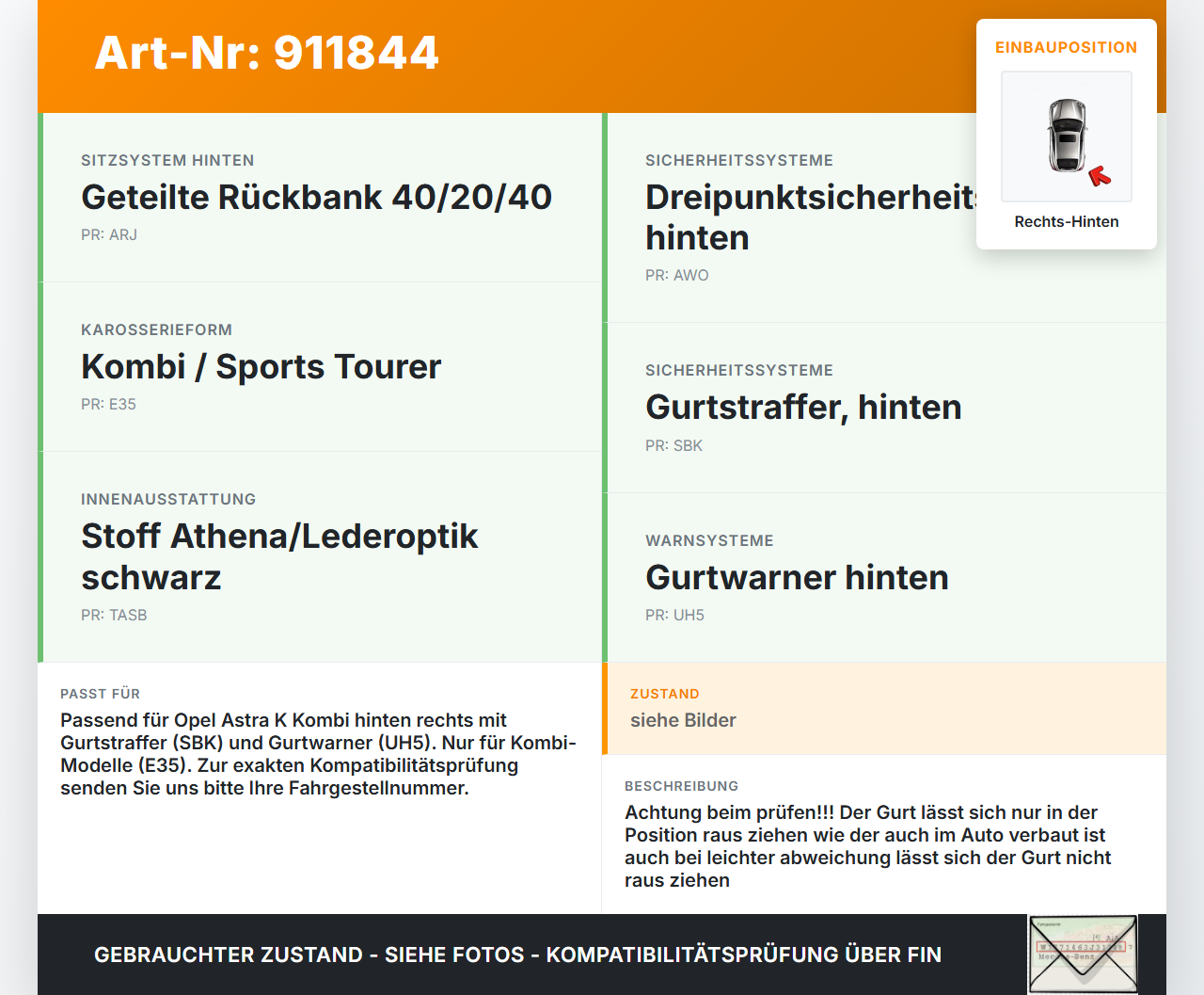 Opel Astra K 15-19 Kombi Gurt Sicherheitsgurt Gurtstraffer Rechts Hinten Opel Astra K 15-19 25.10.2018 34281719... Vorschau 3