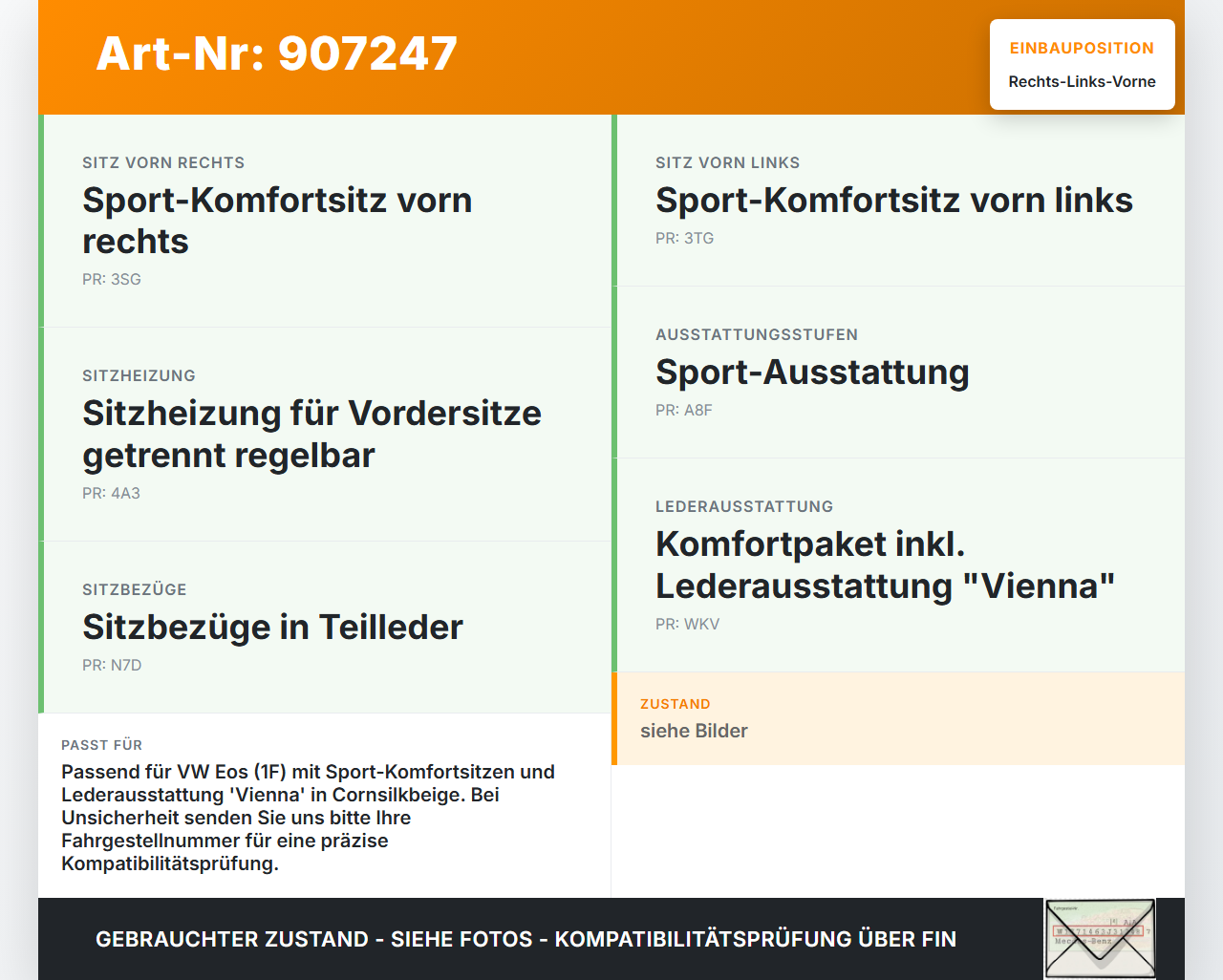VW EOS 1F 06-09 Cabriolet Leder Kopfstütze für Beifahrer Sitz Rechts oder Links Vorne cornsilkbeige N7D VW EOS 1F... Vorschau 3