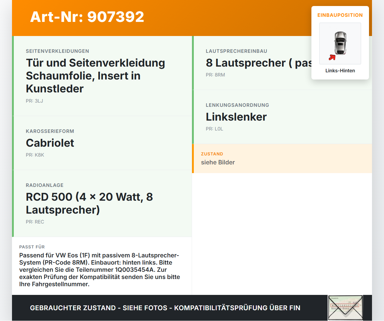VW EOS 1F 06-09 Lautsprecher Links Hinten VW EOS 1F 06-09 05.12.2005 1Q0035454A 902275487909 gebraucht Vorschau 3