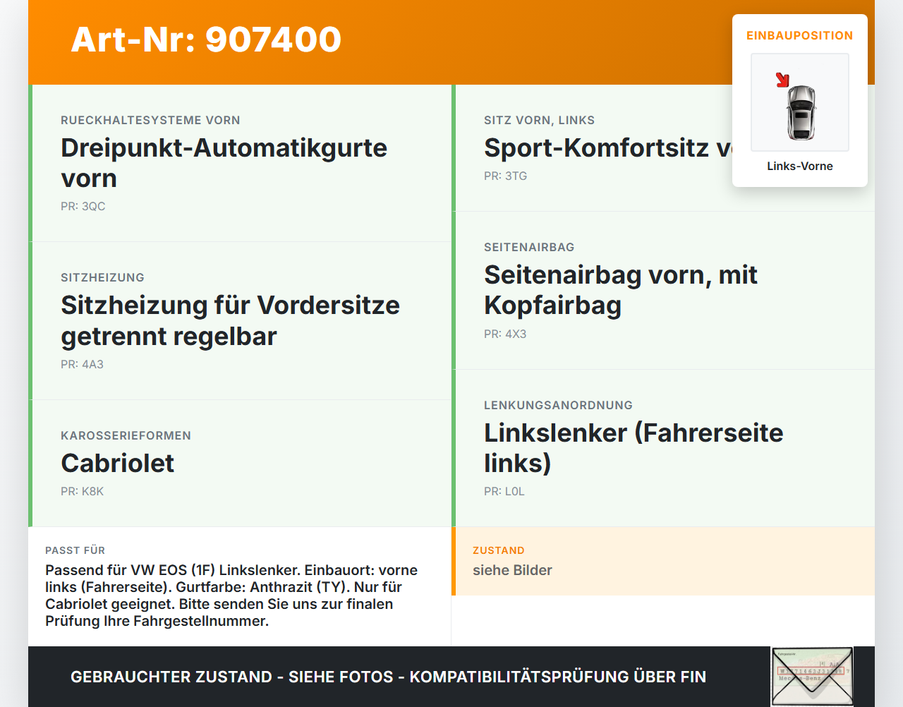 VW EOS 1F 06-09 Cabriolet Gurt Sicherheitsgurt m. Gurtstraffer Fahrer Vorn Links Vorne VW EOS 1F 06-09 05.12.2005... Vorschau 3