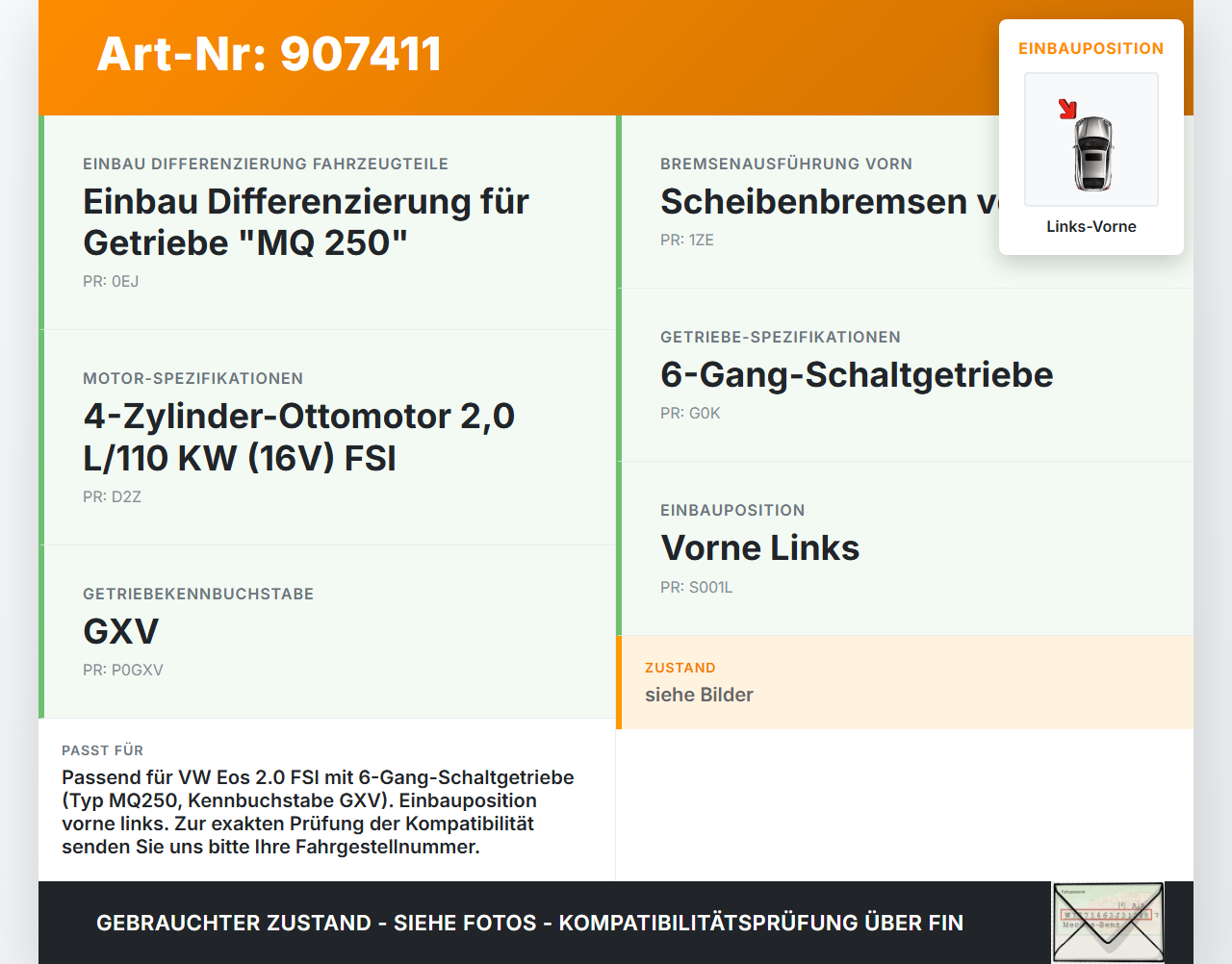 VW EOS 1F 06-09 FSI 2,0 110KW Antriebswelle Gelenkwelle Links Vorne VW EOS 1F 06-09 05.12.2005 1Q0407271A gebraucht Vorschau 3