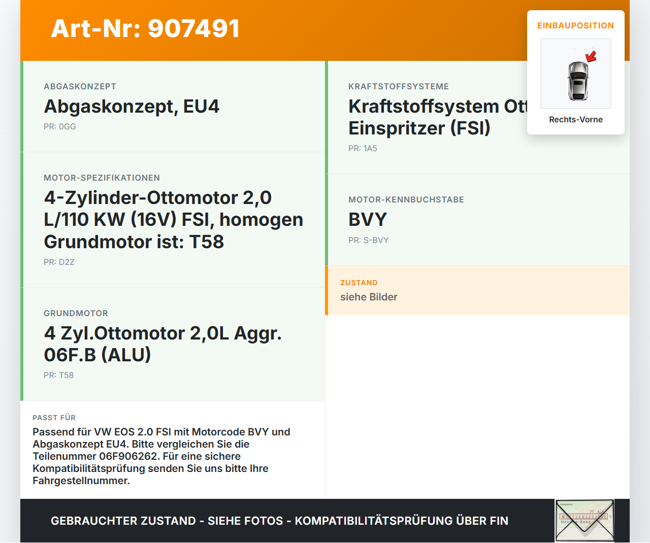 VW EOS 1F 06-09 FSI 2,0 110KW Lambdasonde Pos. Rechts Vorne VW EOS 1F 06-09 05.12.2005 06F906262H 06F906262... Vorschau 3