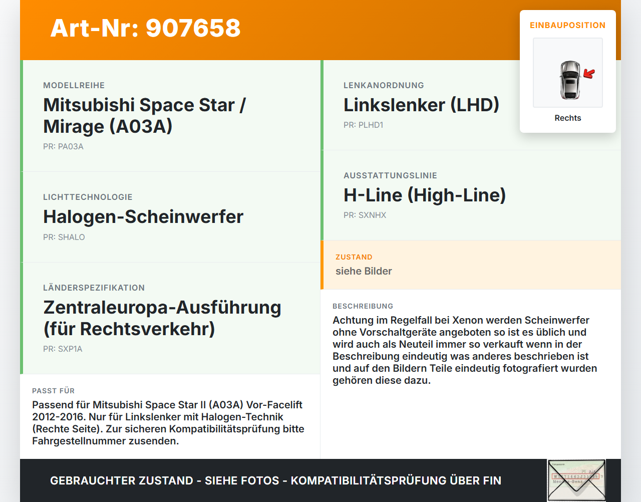 Mirage Space Star II A10 12-16 Halogen Scheinwerfer Frontscheinwerfer Rechts orig. Mirage Space Star II A10 12-16... Vorschau 3