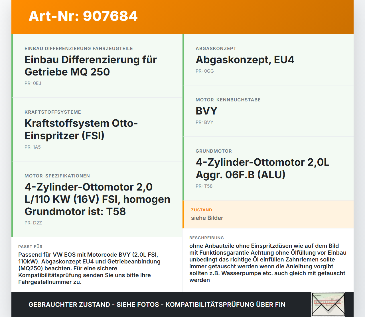 VW EOS 1F 06-09 FSI 2,0 110KW BVY Motor Triebwerk VW EOS 1F 06-09 05.12.2005 457911131 513412480 gebraucht Vorschau 3