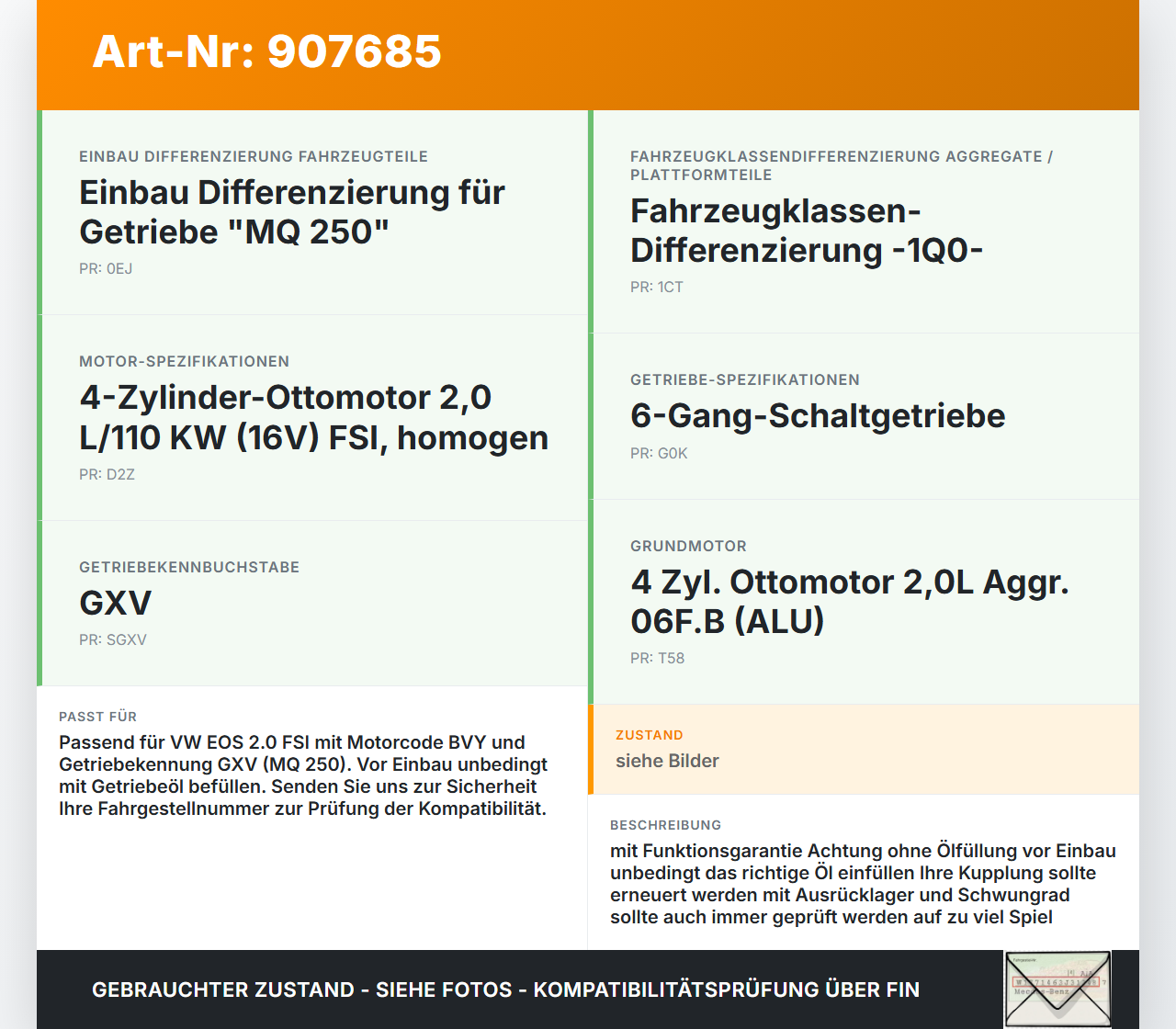 VW EOS 1F 06-09 FSI 2,0 110KW GXV Schaltgetriebe Getriebe GXV VW EOS 1F 06-09 05.12.2005 02S300046CX gebraucht Vorschau 3