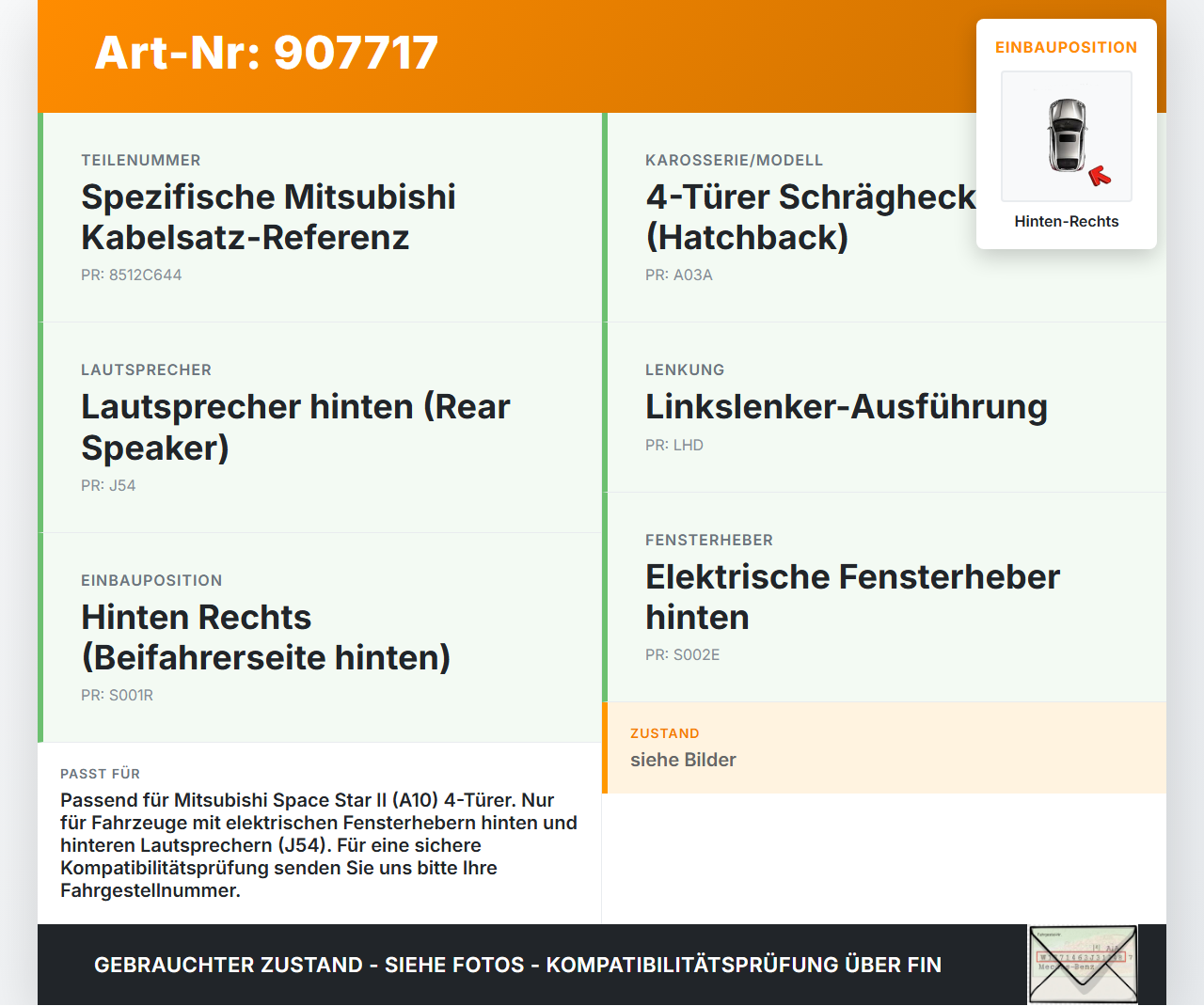 Mirage Space Star II A10 12-16 Kabelbaum Leitungssatz für Tür und Fensterheber Hinten Rechts Mirage Space Star II... Vorschau 3