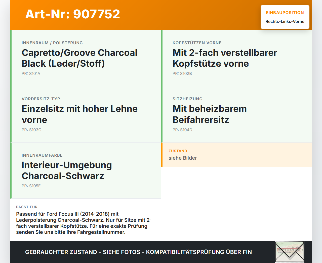 Ford Focus III 14-18 5T Kopfstütze für Beifahrer Sitz Rechts oder Links Vorne Leder Ford Focus III 14-18 12.05.2015... Vorschau 3