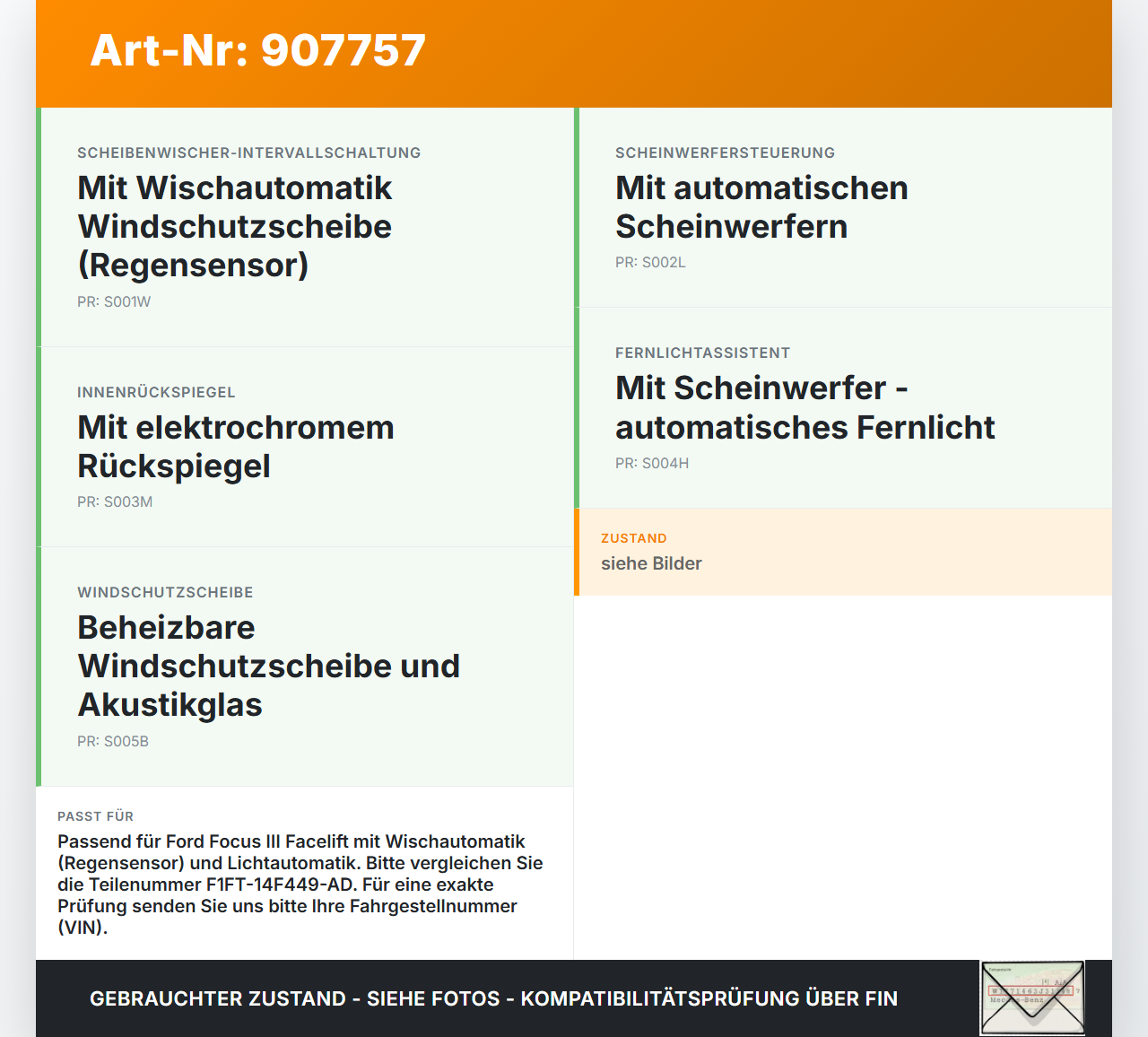 Ford Focus III 14-18 Regensensor Ford Focus III 14-18 12.05.2015 F1ET-17D547-AA F1FT-14F449-AD gebraucht Vorschau 3