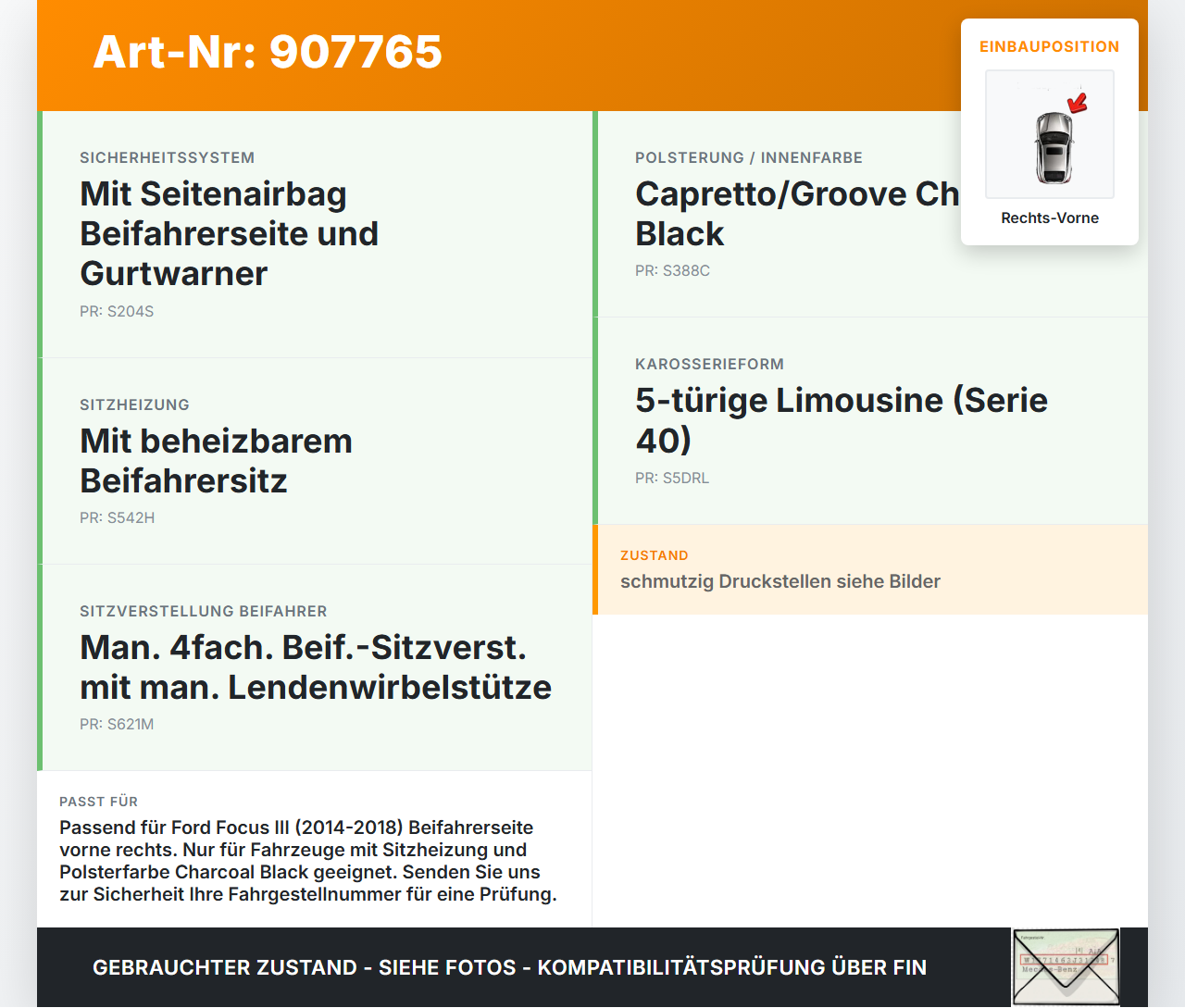 Ford Focus III 14-18 5T Sitzbezug Sitzpolster für Beifahrersitz Rechts Vorne beheizt Ford Focus III 14-18... Vorschau 3