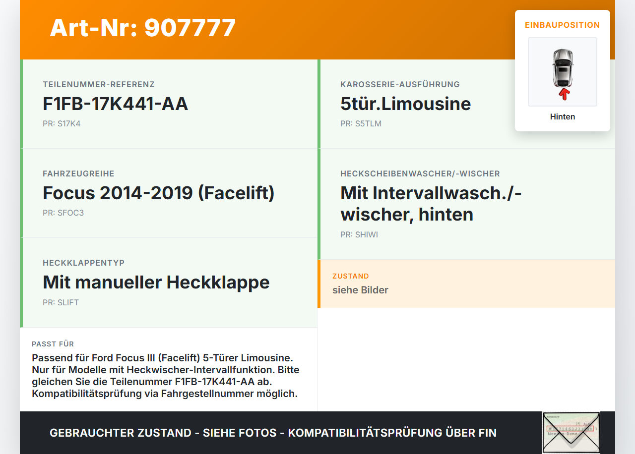 Ford Focus III 14-18 5T Wischermotor Hinten Heckwischermotor Ford Focus III 14-18 12.05.2015 F1FB-17K441-AA... Vorschau 3