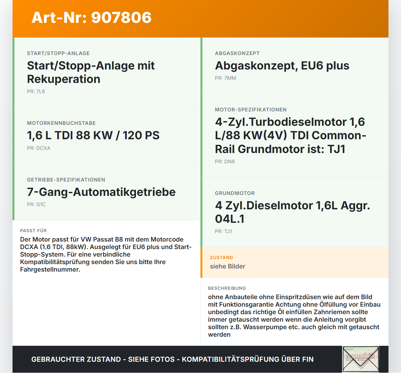 VW Passat B8 3G 14-19 TDI 1,6 88KW DCXA Motor Triebwerk VW Passat B8 3G 14-19 25.07.2017 04L100090H gebraucht Vorschau 3