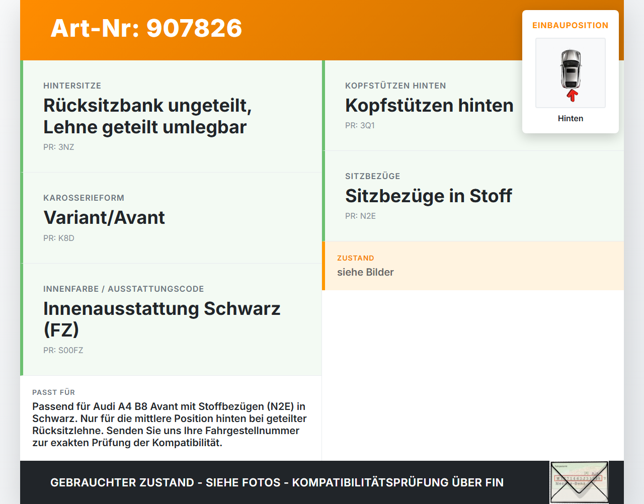 Audi A4 8K B8 11-15 Kopfstütze Mitte Hinten Audi A4 8K B8 11-15 13.08.2014 8K0885975S gebraucht Vorschau 3