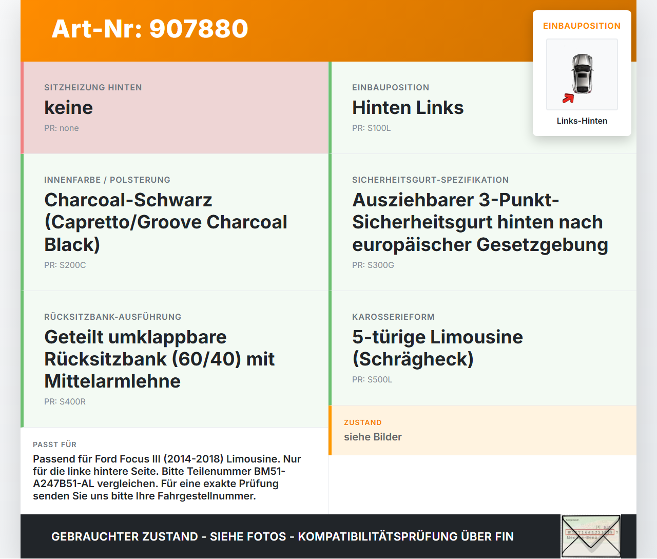 Ford Focus III 14-18 5T Gurtschloss Links Hinten Ford Focus III 14-18 12.05.2015 A247B51 BM51-A247B51-AL gebraucht Vorschau 3