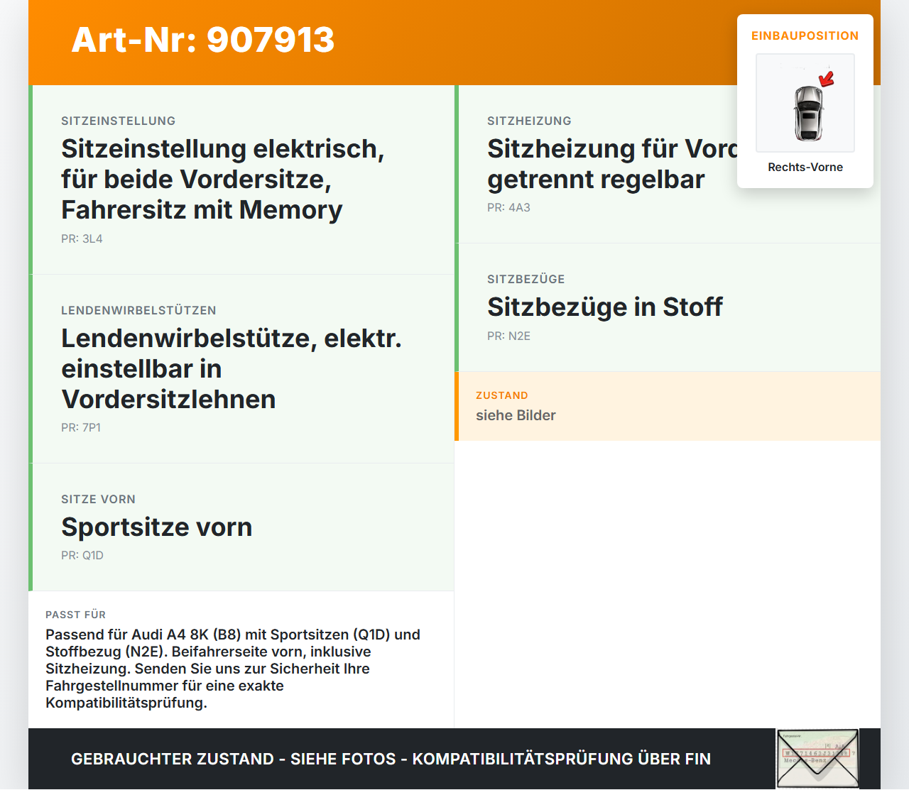 Audi A4 8K B8 11-15 Kombi Sitzbezug Rückenpolster Rechts Vorne für Beifahrer Sitz beheizt Audi A4 8K B8 11-15... Vorschau 3