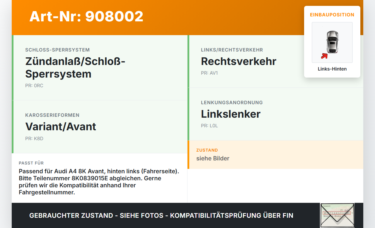 Audi A4 8K B8 11-15 Kombi Türschloss m. ZV Stellmotor Links Hinten Audi A4 8K B8 11-15 13.08.2014 8K0839015E gebraucht Vorschau 3