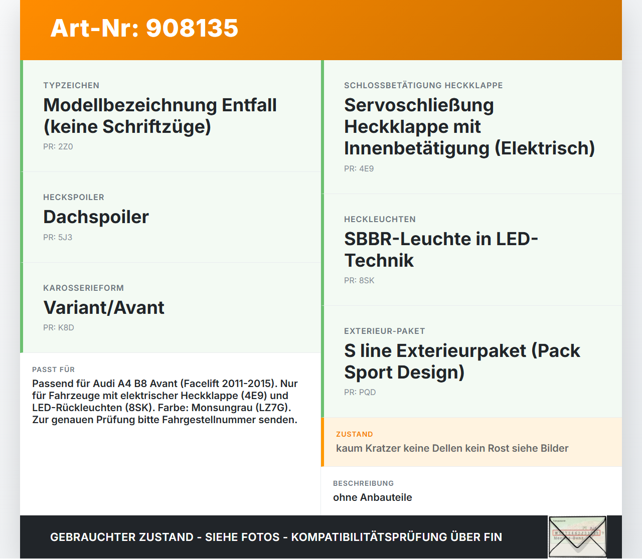Audi A4 8K B8 11-15 Kombi Heckklappe Kofferraumdeckel LZ7G Audi A4 8K B8 11-15 13.08.2014 8K9827023 gebraucht Vorschau 3