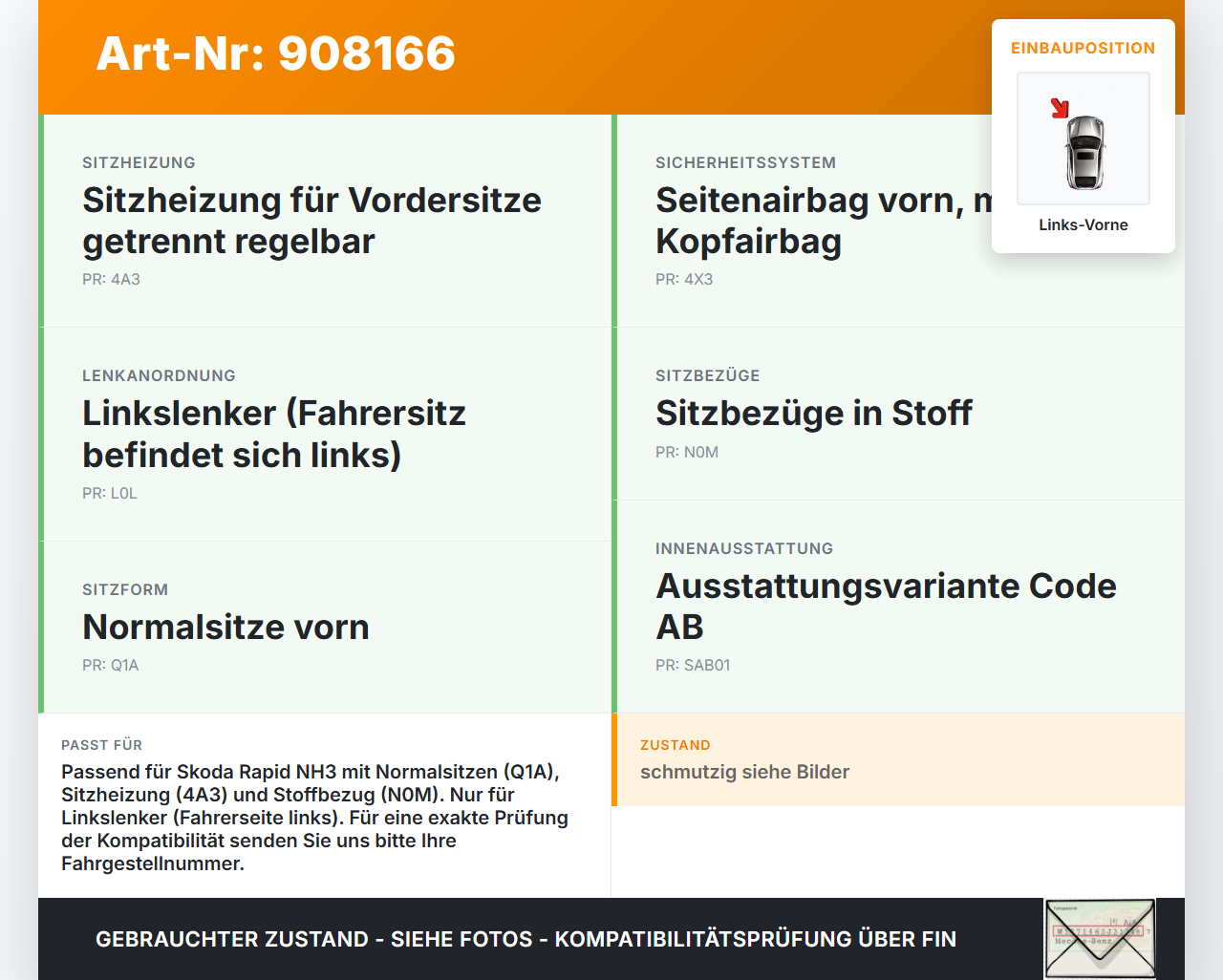 Skoda Rapid HN3 14-19 Lim Sitzbezug Sitzpolster für Fahrersitz Sitz Links Vorne beheizt Skoda Rapid HN3 14-19... Vorschau 3